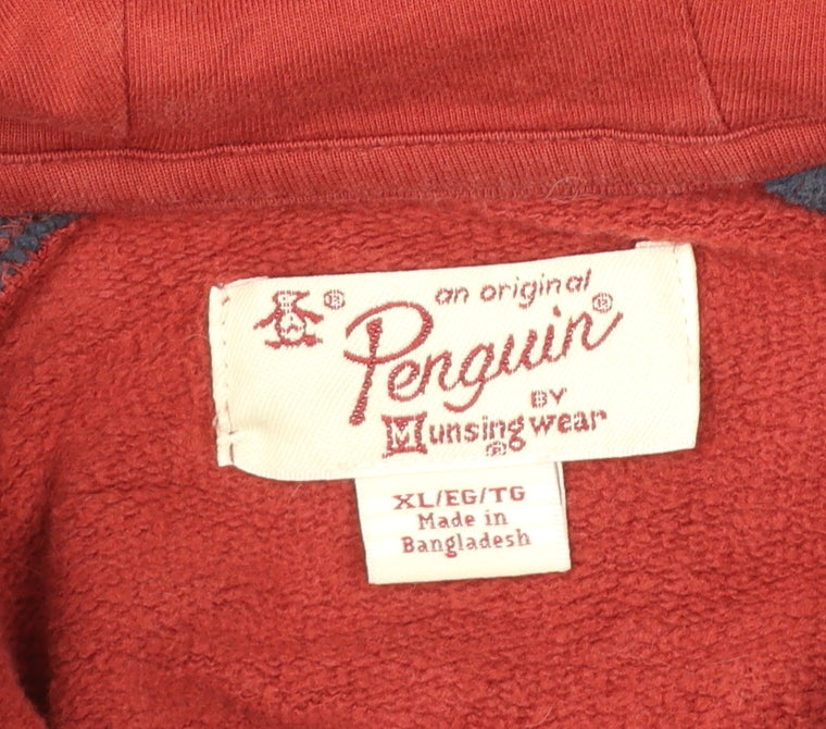 Penguin Mens Red Blue XL Full Zip Hooded Fleece Hoodie Logo