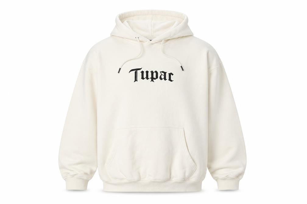 Front view of Pull&Bear Women Ivory M 2Pac Graphic Print Pullover Hoodie