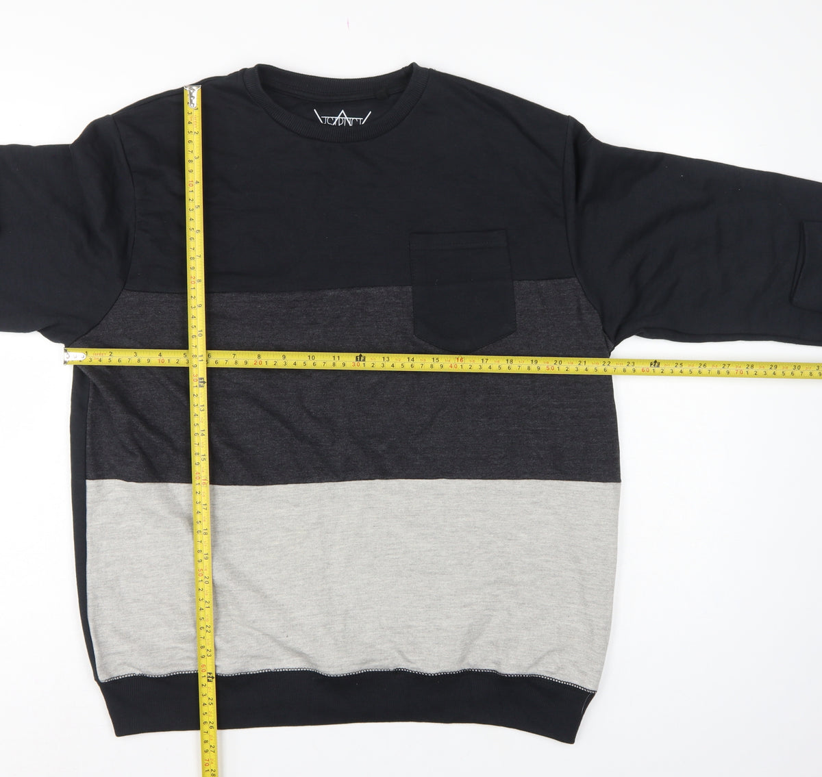 Close-up detail of ASTRUCT Men’s Black Grey Colour Block Pocket Crew Neck Sweatshirt L