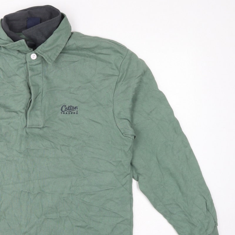 Cotton Traders Men’s Green M Collared Henley Sweatshirt Logo