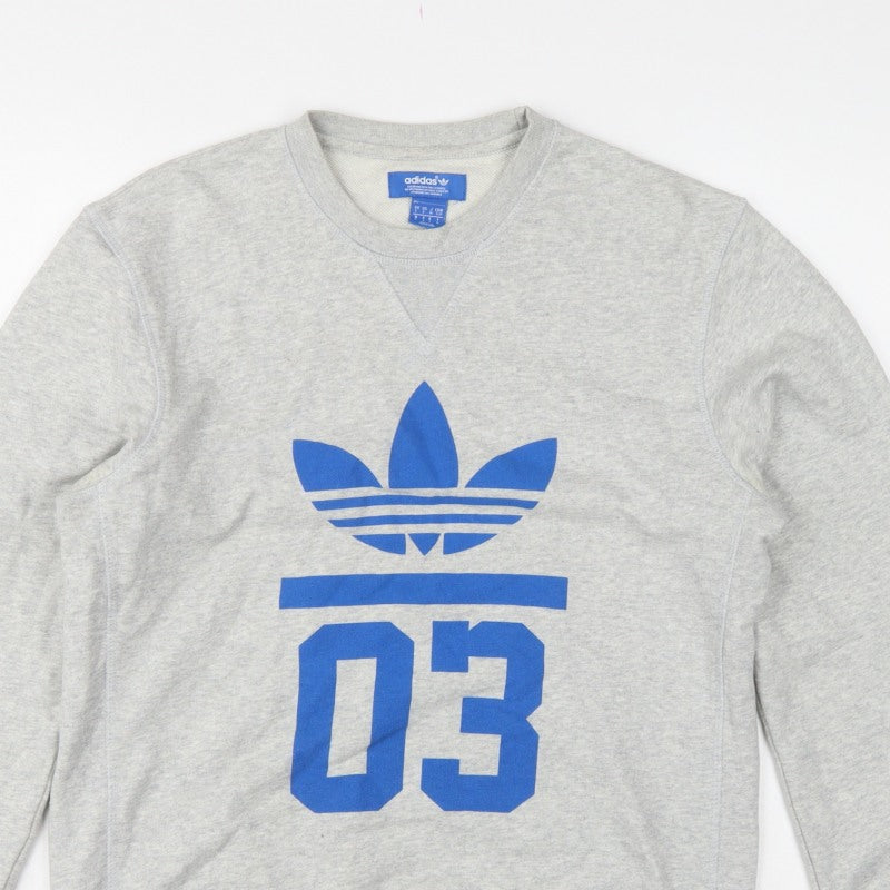Adidas Men’s Grey S Pullover Sweatshirt Blue Trefoil 03 Graphic