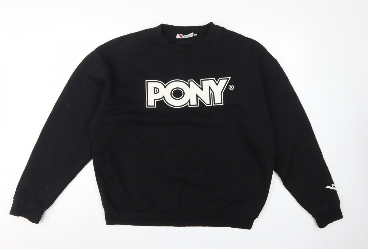 Back view of Pony Men's Black L Logo Graphic Print Crew Neck Pullover Sweatshirt