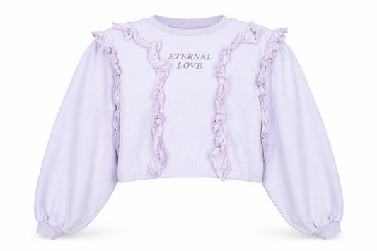 Front view of Minga London Women's Lilac XS/S Ruffle Cropped Sweatshirt Eternal Love