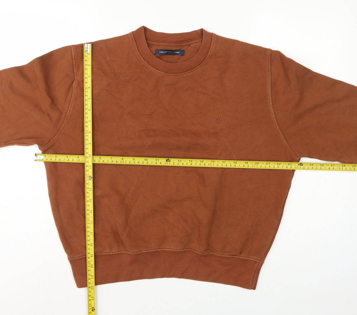 Close-up detail of French Connection Women’s Brown S Pullover Crew Neck Logo Sweatshirt