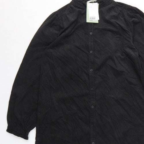H&M Women Black UK 8 Corduroy Ruffle Collar Shirt Dress