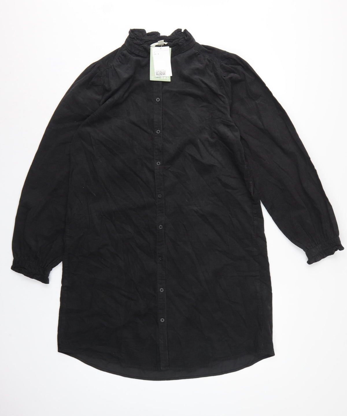 H&M Women Black UK 8 Corduroy Ruffle Collar Shirt Dress