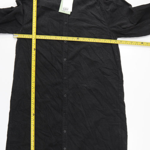 H&M Women Black UK 8 Corduroy Ruffle Collar Shirt Dress