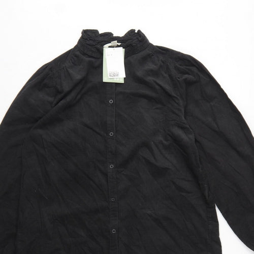 H&M Women Black UK 8 Corduroy Ruffle Collar Shirt Dress