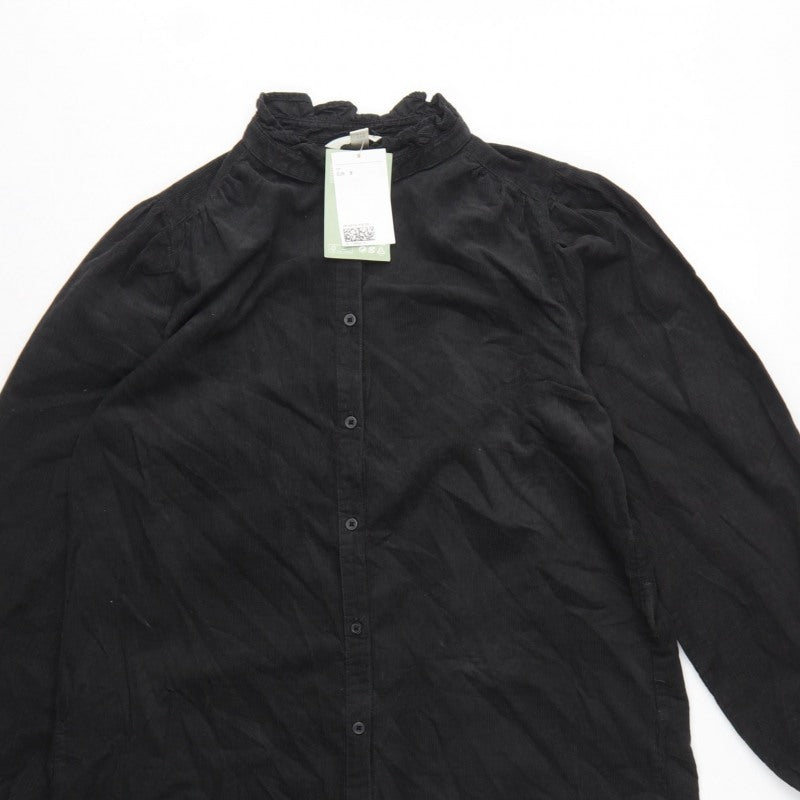 H&M Women Black UK 8 Corduroy Ruffle Collar Shirt Dress