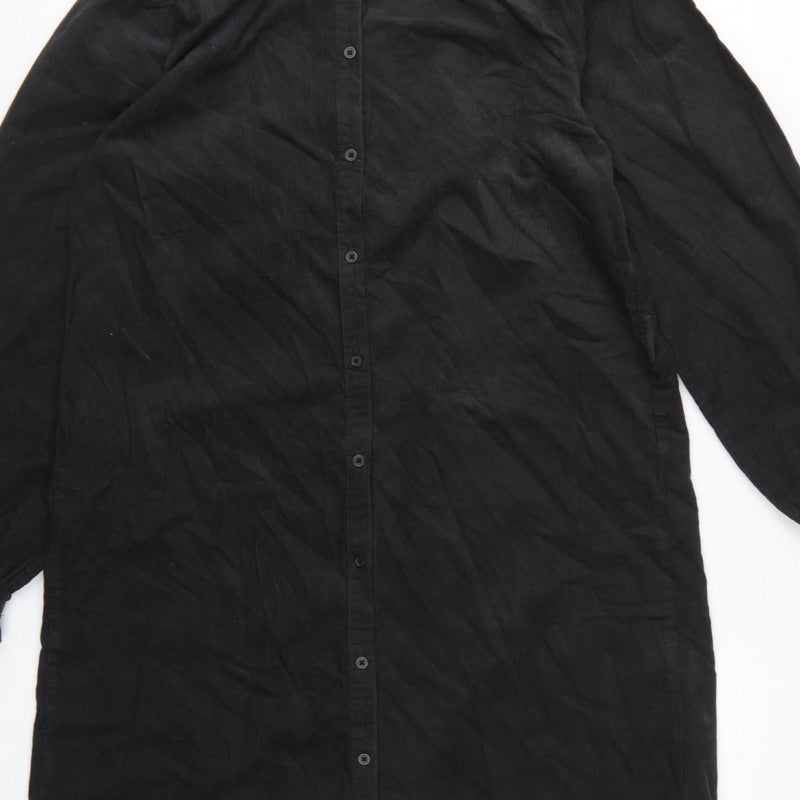 H&M Women Black UK 8 Corduroy Ruffle Collar Shirt Dress