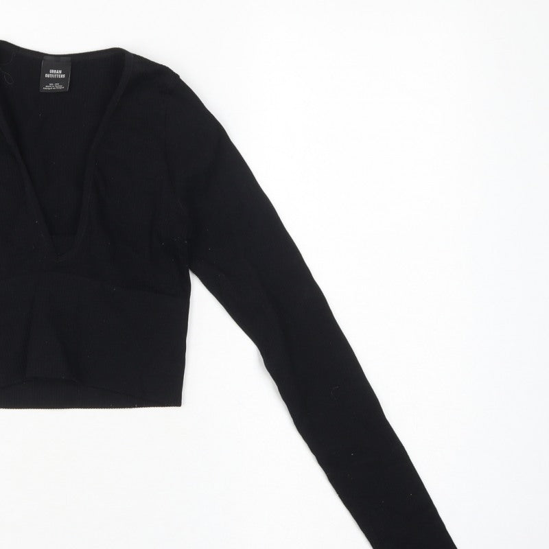 Urban Outfitters Women Black XS Cropped V-Neck Knit Long Sleeve Blouse