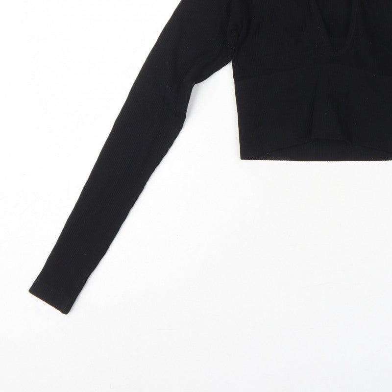 Urban Outfitters Women Black XS Cropped V-Neck Knit Long Sleeve Blouse