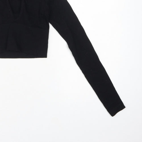 Urban Outfitters Women Black XS Cropped V-Neck Knit Long Sleeve Blouse