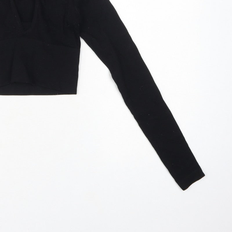 Urban Outfitters Women Black XS Cropped V-Neck Knit Long Sleeve Blouse