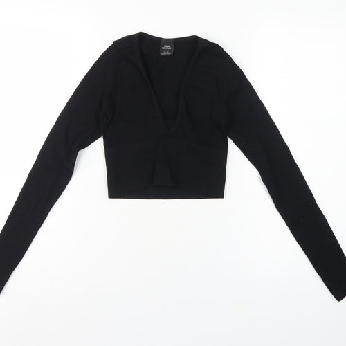 Urban Outfitters Women Black XS Cropped V-Neck Knit Long Sleeve Blouse