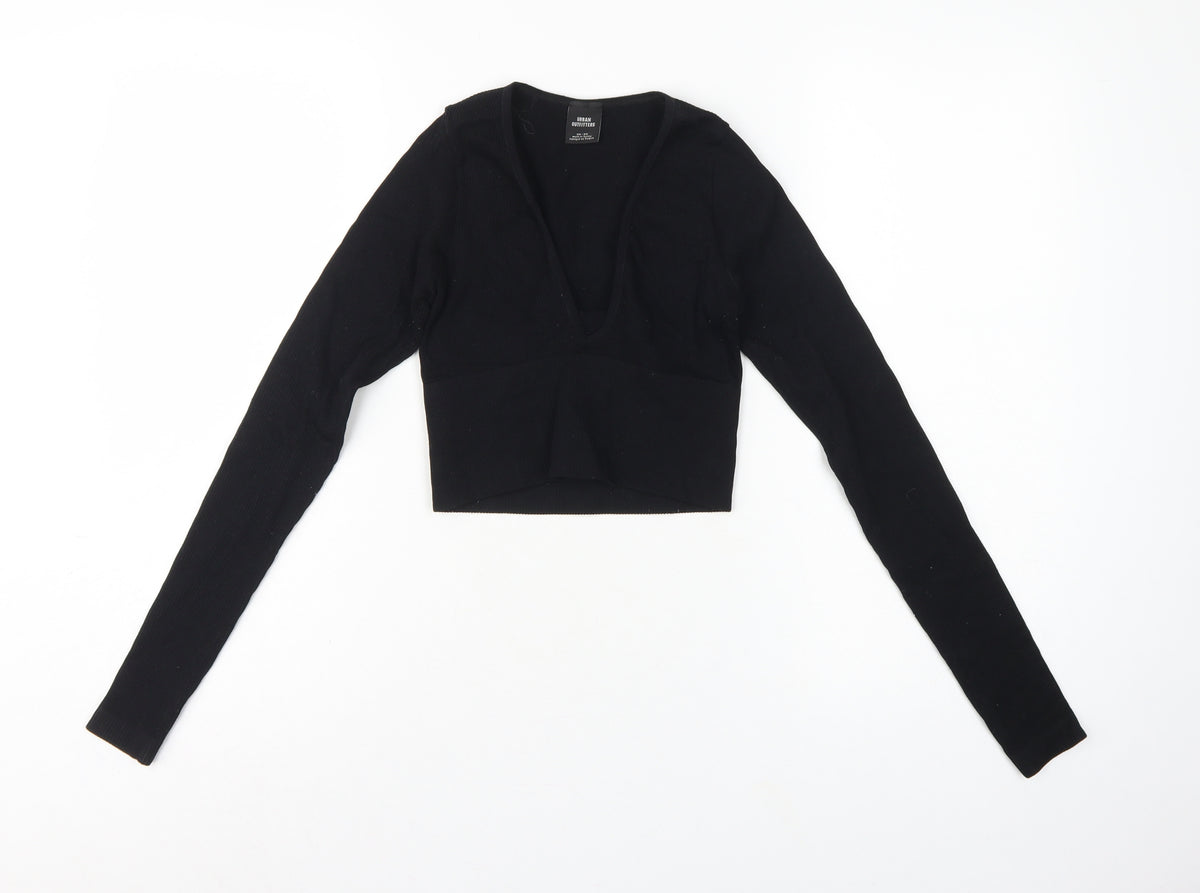 Urban Outfitters Women Black XS Cropped V-Neck Knit Long Sleeve Blouse