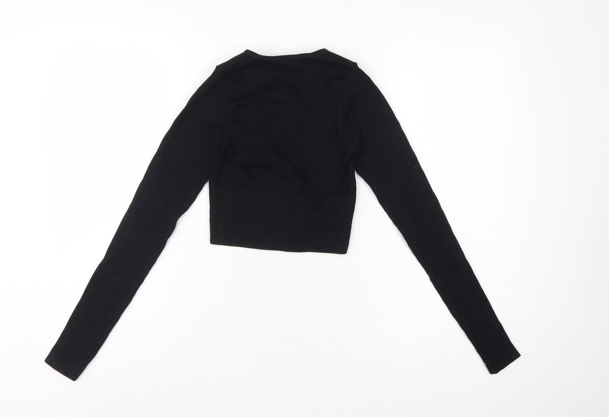 Urban Outfitters Women Black XS Cropped V-Neck Knit Long Sleeve Blouse