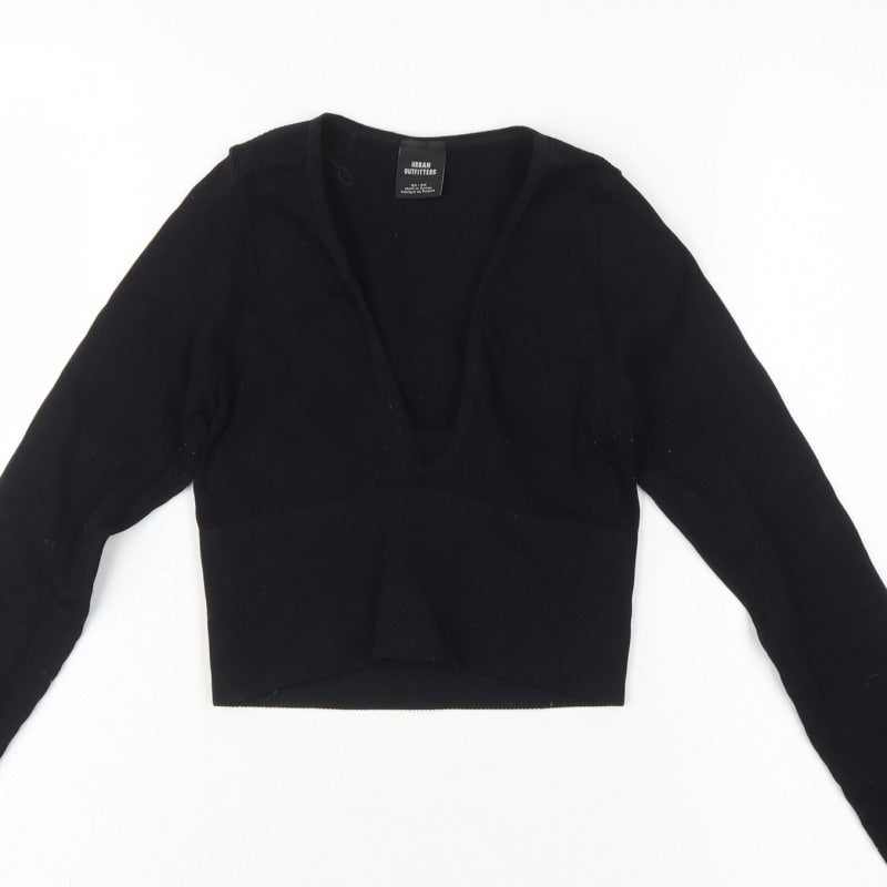 Urban Outfitters Women Black XS Cropped V-Neck Knit Long Sleeve Blouse