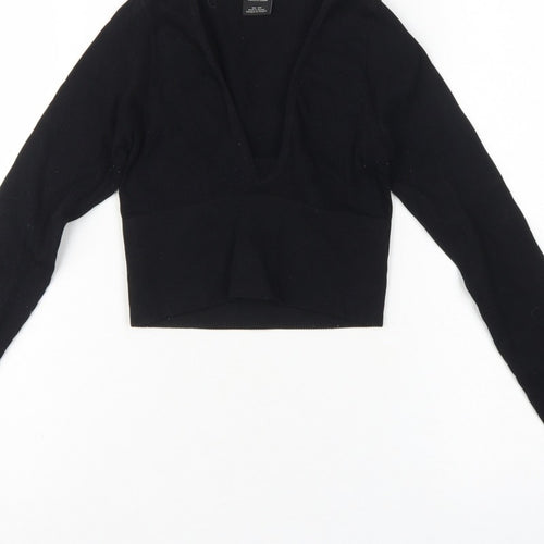 Urban Outfitters Women Black XS Cropped V-Neck Knit Long Sleeve Blouse