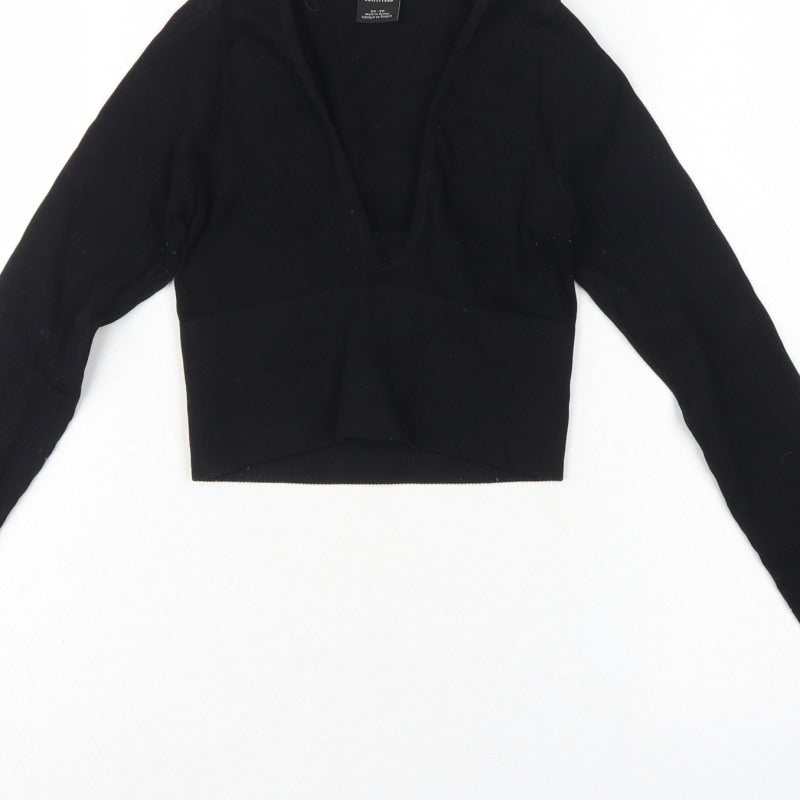 Urban Outfitters Women Black XS Cropped V-Neck Knit Long Sleeve Blouse