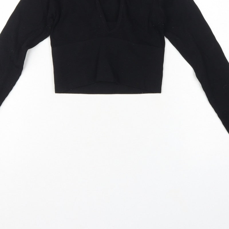 Urban Outfitters Women Black XS Cropped V-Neck Knit Long Sleeve Blouse