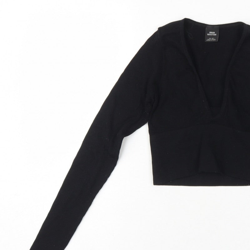 Urban Outfitters Women Black XS Cropped V-Neck Knit Long Sleeve Blouse