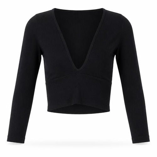 Urban Outfitters Women Black XS Cropped V-Neck Knit Long Sleeve Blouse