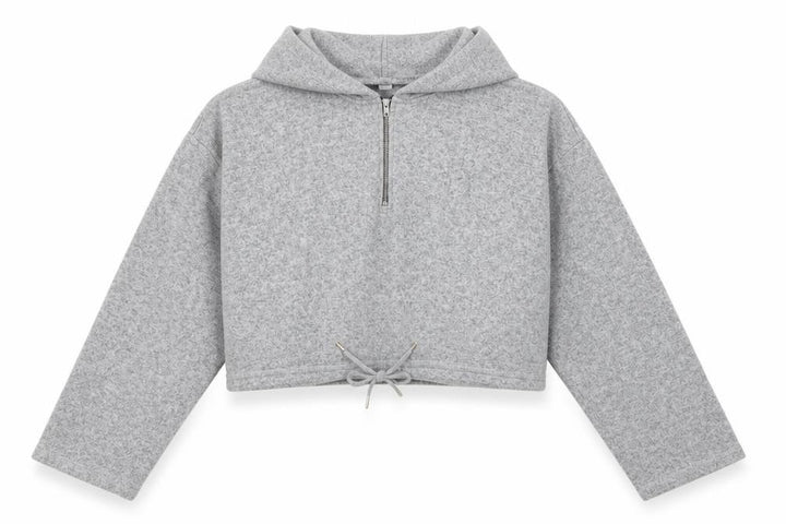 Topshop Women Grey M Cropped 1/4 Zip Hooded Knit Sweatshirt