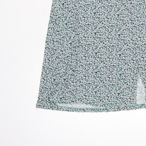 Pull&Bear Women Green Floral Size L Wrap Knee Dress V Neck