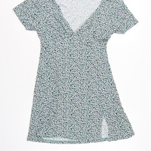 Pull&Bear Women Green Floral Size L Wrap Knee Dress V Neck