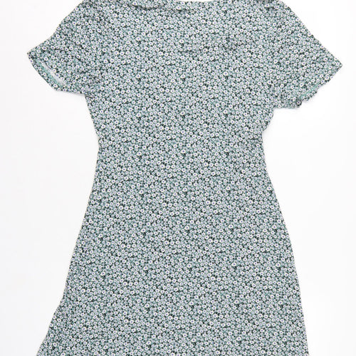 Pull&Bear Women Green Floral Size L Wrap Knee Dress V Neck