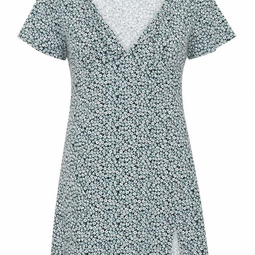 Pull&Bear Women Green Floral Size L Wrap Knee Dress V Neck