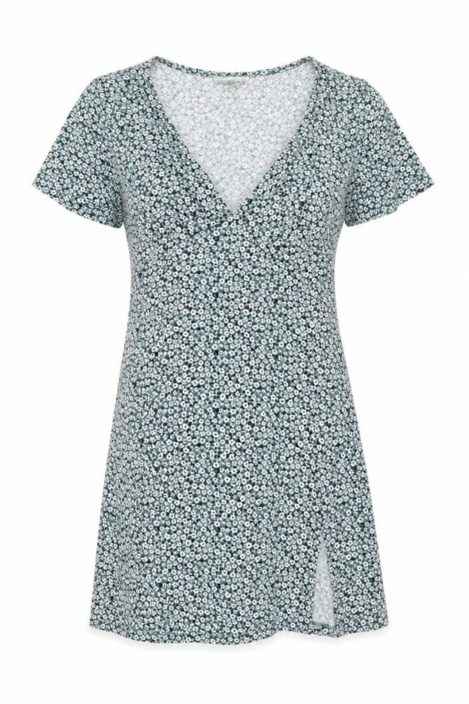 Pull&Bear Women Green Floral Size L Wrap Knee Dress V Neck