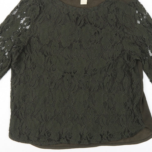H&M Women Green UK 12 Floral Lace Long Sleeve Lined Blouse