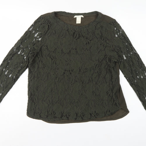 H&M Women Green UK 12 Floral Lace Long Sleeve Lined Blouse