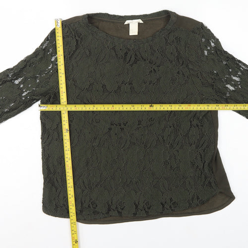 H&M Women Green UK 12 Floral Lace Long Sleeve Lined Blouse