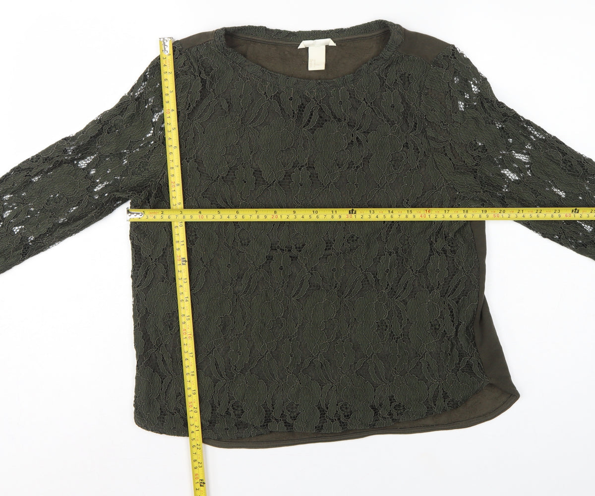 H&M Women Green UK 12 Floral Lace Long Sleeve Lined Blouse