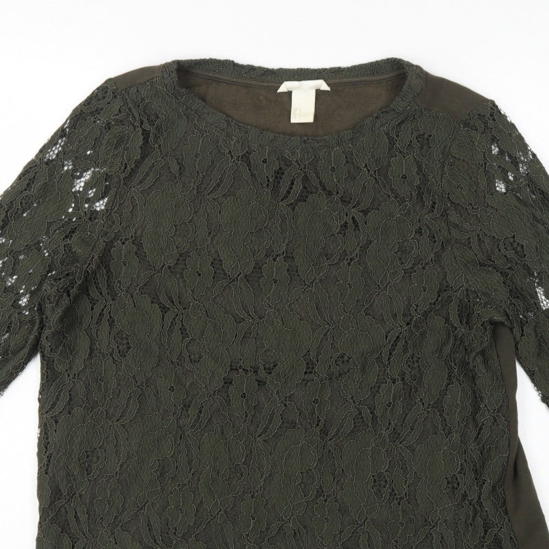 H&M Women Green UK 12 Floral Lace Long Sleeve Lined Blouse