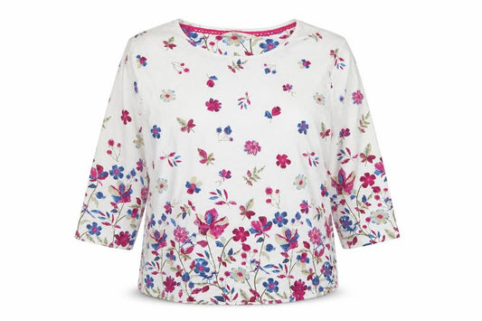 Country Rose Women’s Ivory Floral Cotton M 3/4 Sleeve Blouse