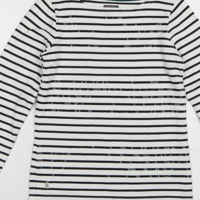 Joules Women White Black Striped Boat Neck Cotton Long Sleeve Top UK 6