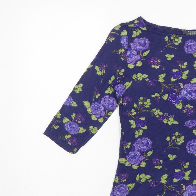 Lily & Me Women Blue Floral Viscose Jersey Tunic Top UK 10 3/4 Sleeve