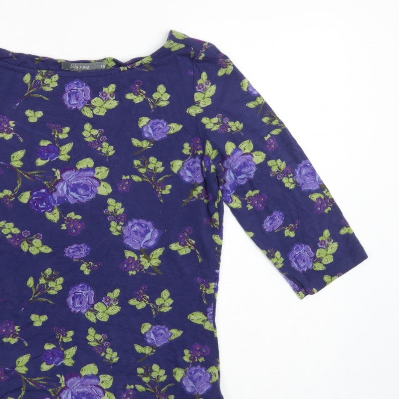Lily & Me Women Blue Floral Viscose Jersey Tunic Top UK 10 3/4 Sleeve