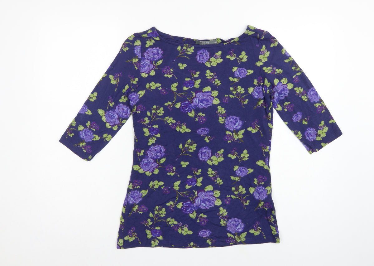 Lily & Me Women Blue Floral Viscose Jersey Tunic Top UK 10 3/4 Sleeve