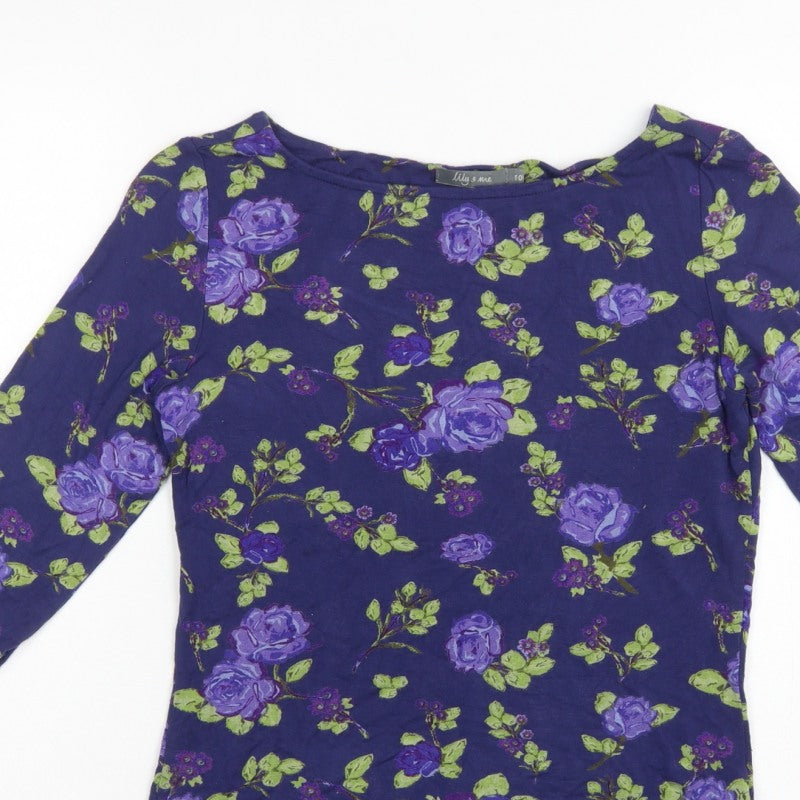 Lily & Me Women Blue Floral Viscose Jersey Tunic Top UK 10 3/4 Sleeve