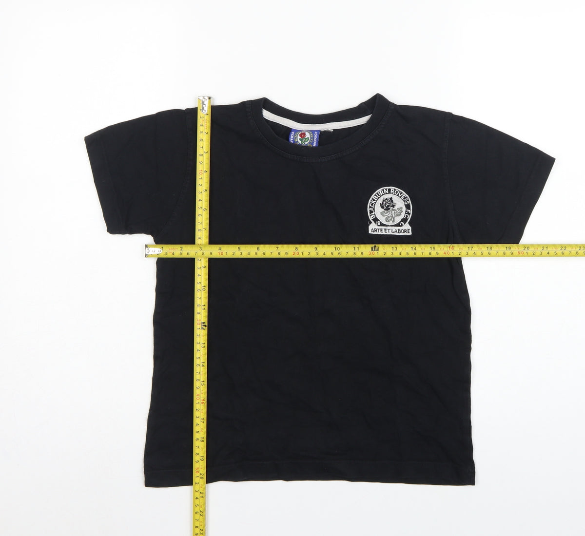 Close-up detail of Blackburn Rovers Teens Black, size 12, Embroidered Crew Neck T-Shirt