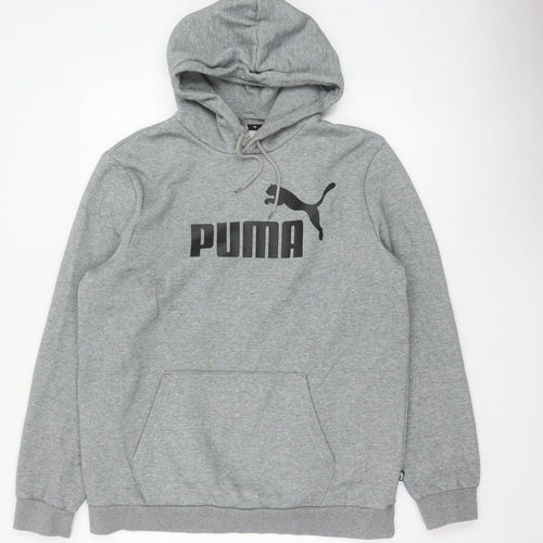Puma Men's Grey L Pullover Hoodie Logo Graphic Print Kangaroo Pocket