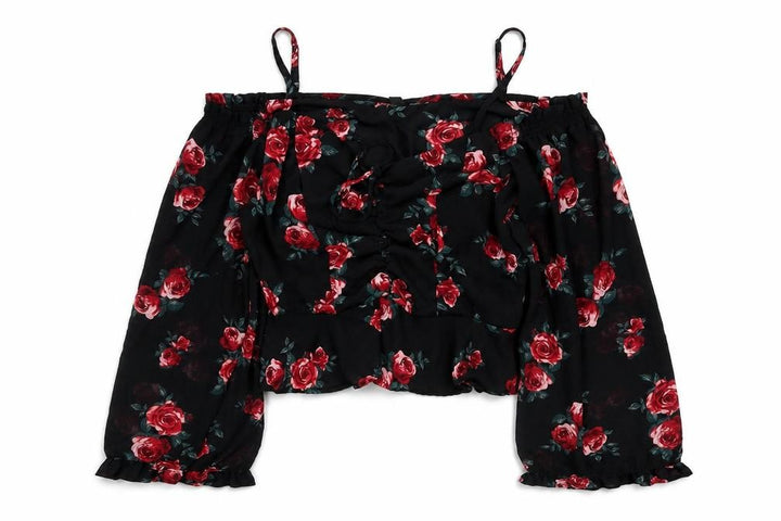 Divided H&M Women Black Floral UK 12 Off Shoulder Wrap Blouse