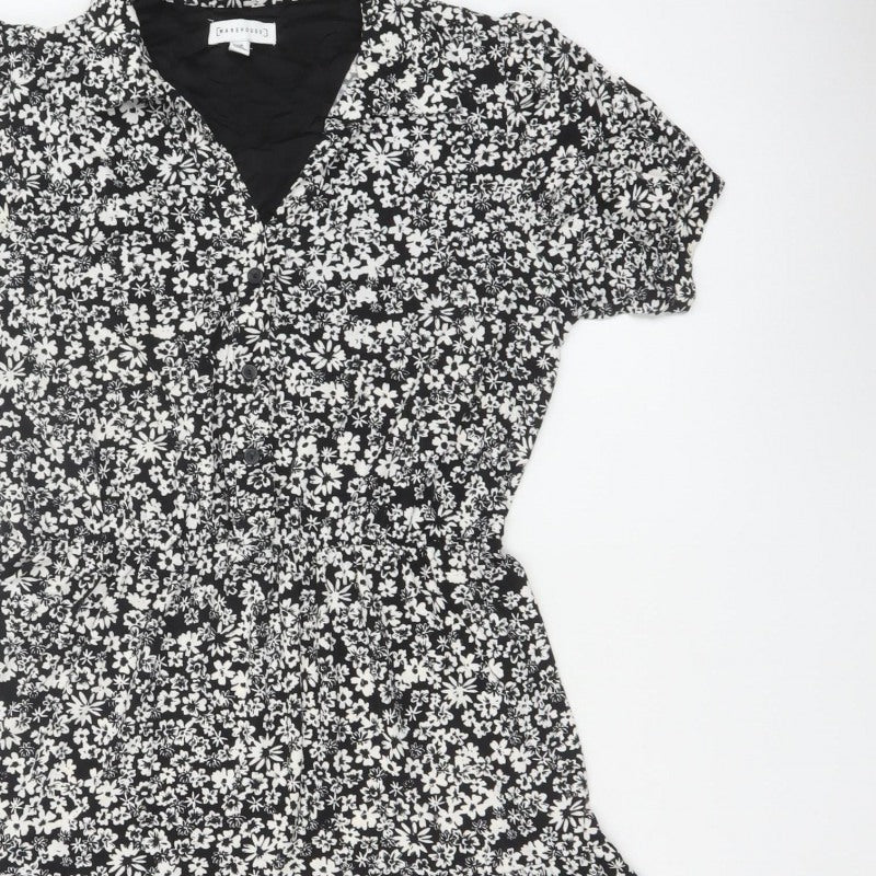 Warehouse Women Black White UK 12 Floral Fit & Flare Shirt Dress