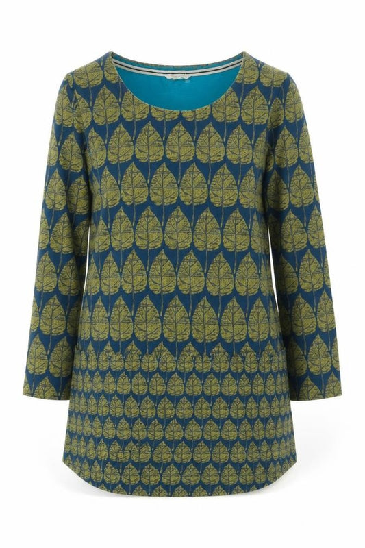 White Stuff Women Blue Leaf Print Tunic Top UK 12 Long Sleeve Cotton