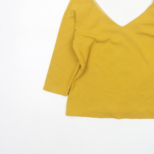 Jasper Conran Women Yellow Size 12 V-Neck 3/4 Sleeve Stretch Blouse